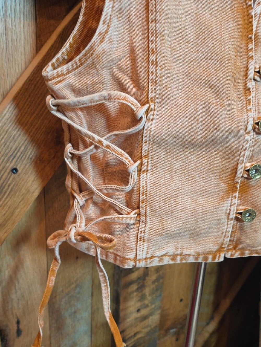 193p Washed Rust Sleeveless Lace-Up Button Vest - Picture 7 of 11